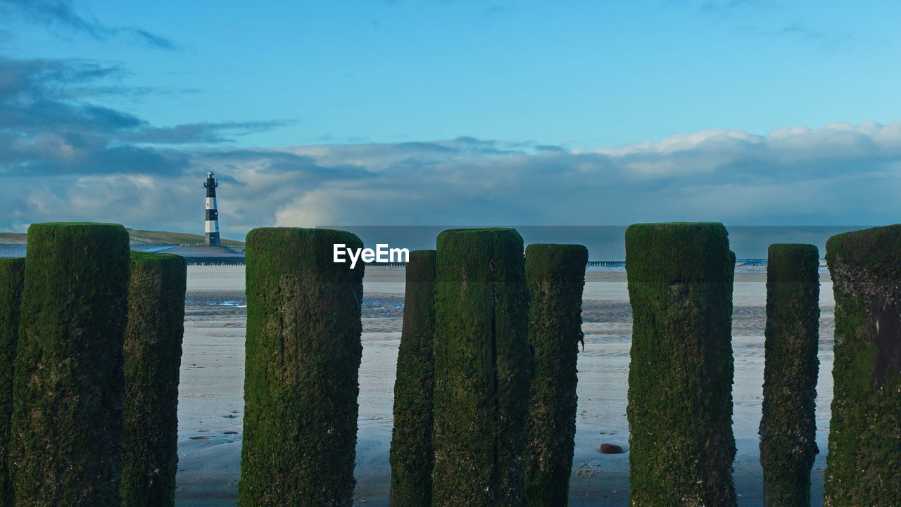 PANORAMIC VIEW OF WOODEN POSTS ON SEA AGAINST SKY