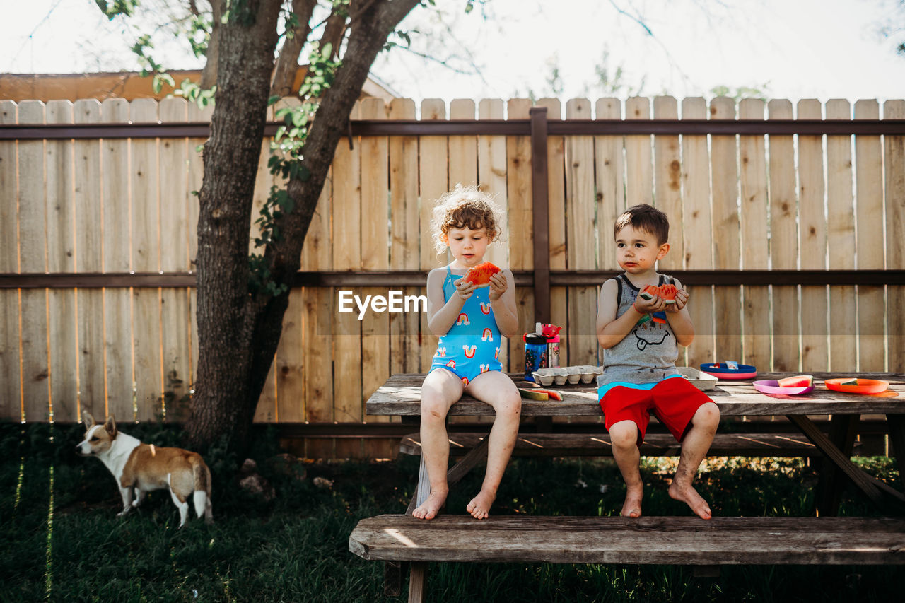 Two young kids sitting on picnic table eating watermelon in spring