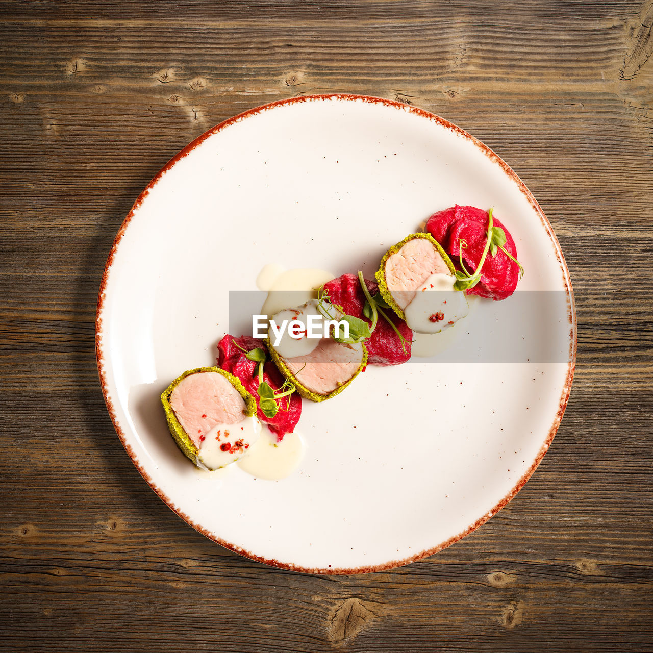 directly above shot of food served in plate on table