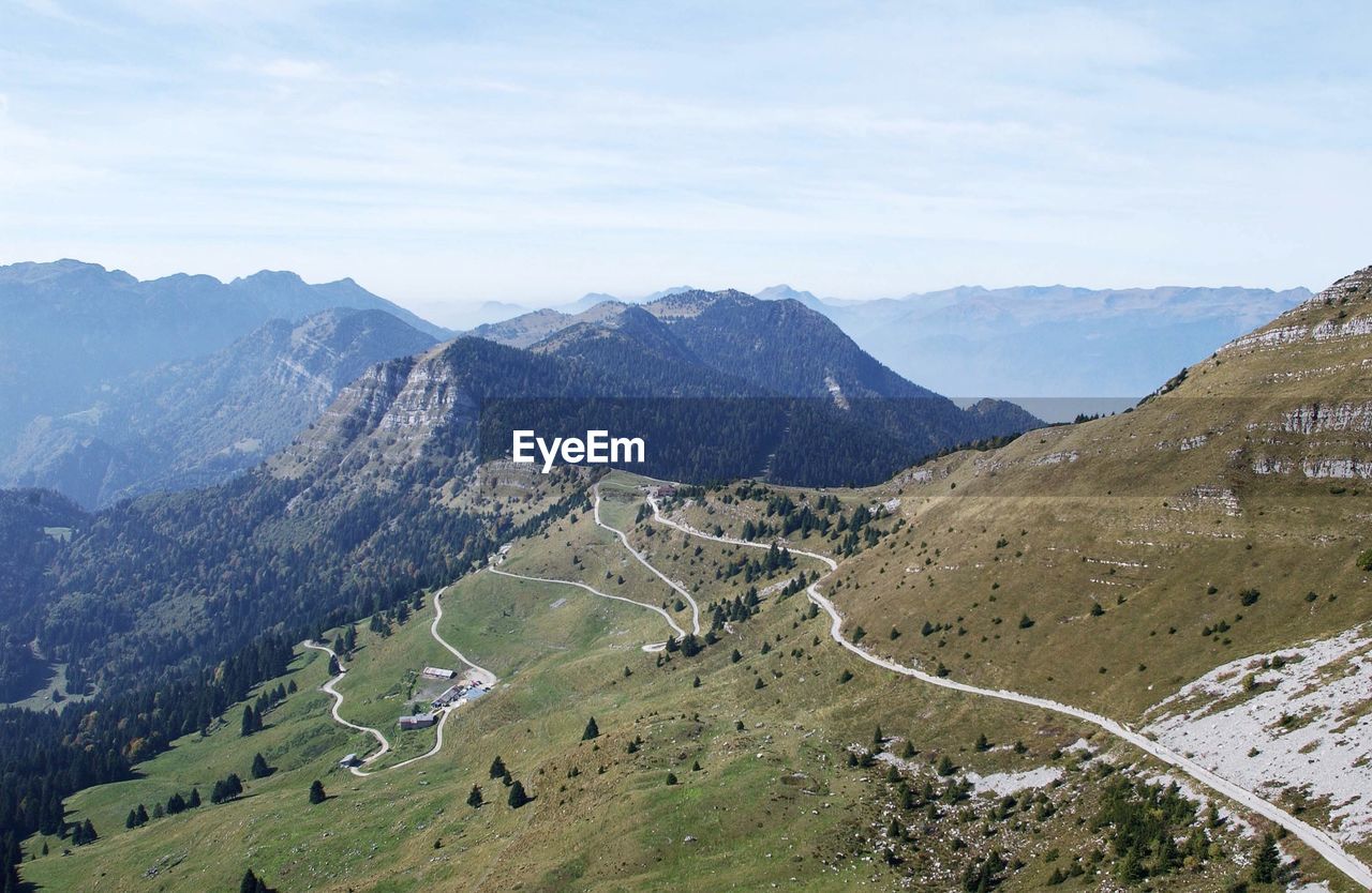 High angle view of mountains against sky