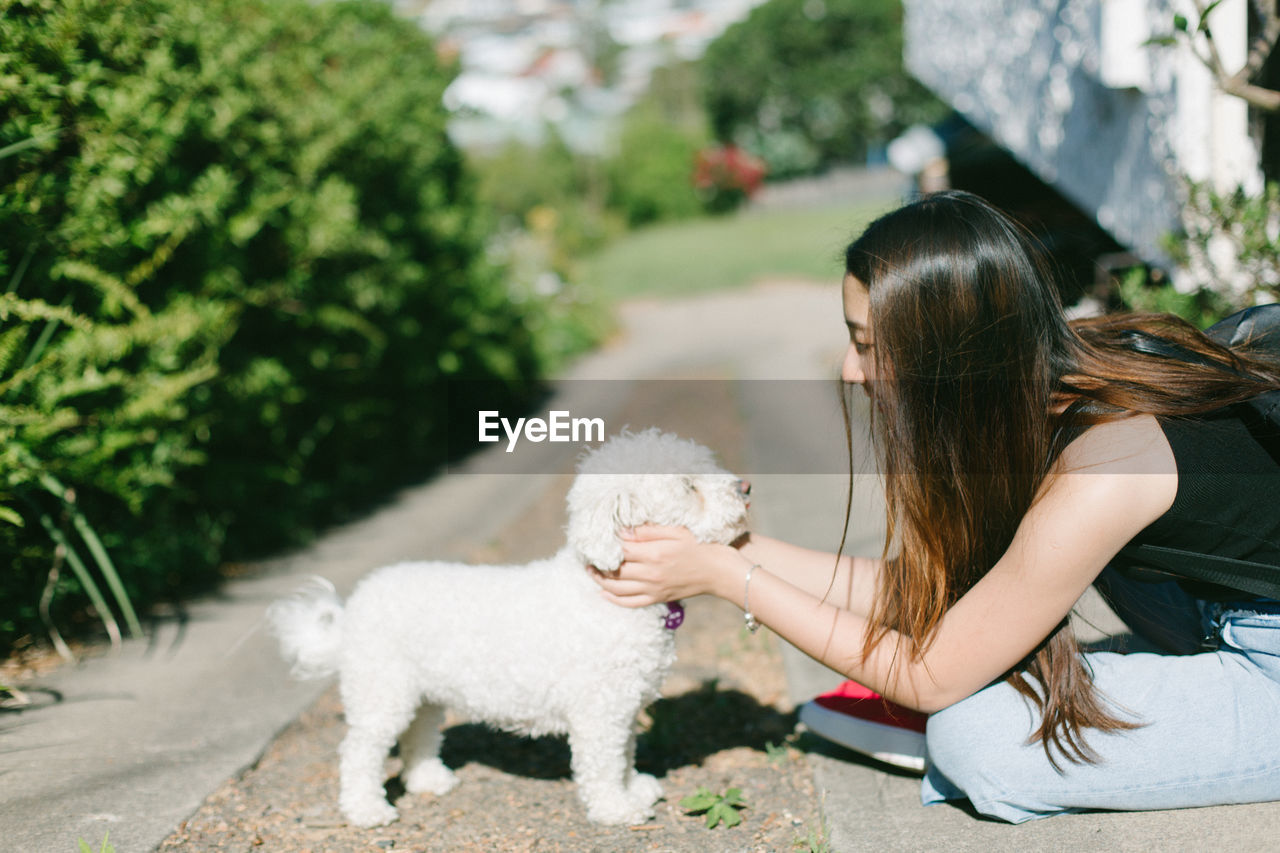 Woman playing dog on road
