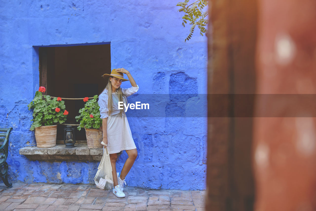 Portrait tourists in santa catalina monastery. south america. exploring unesco world heritage