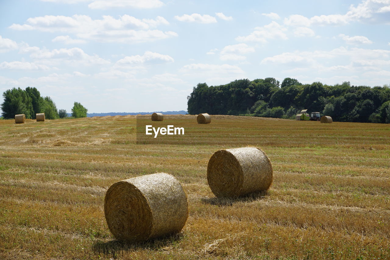 Hay bales on field against sky