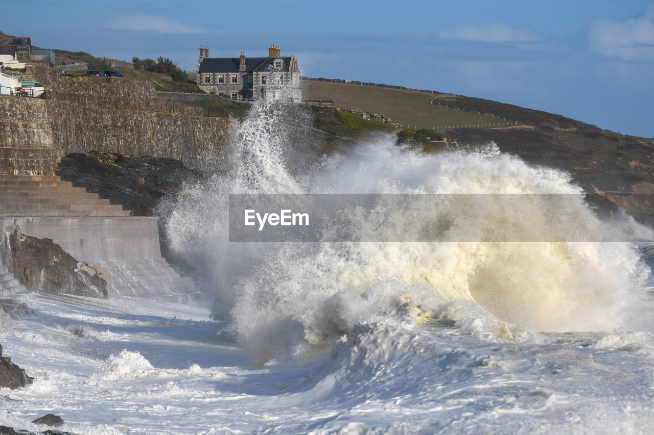 High tide in porthleven during a summer storm in august
