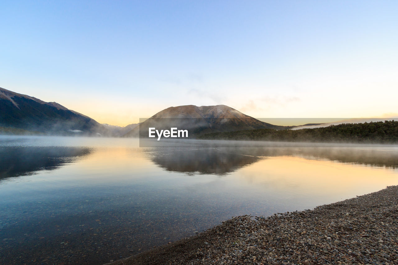 Scenic view of lake against sky during sunset