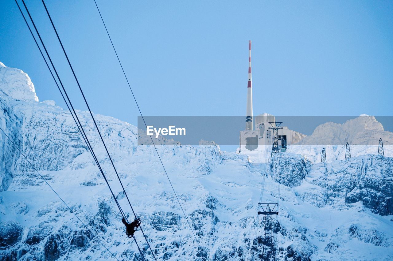 Snow covered land, weatherstation and mountains against clear blue sky
