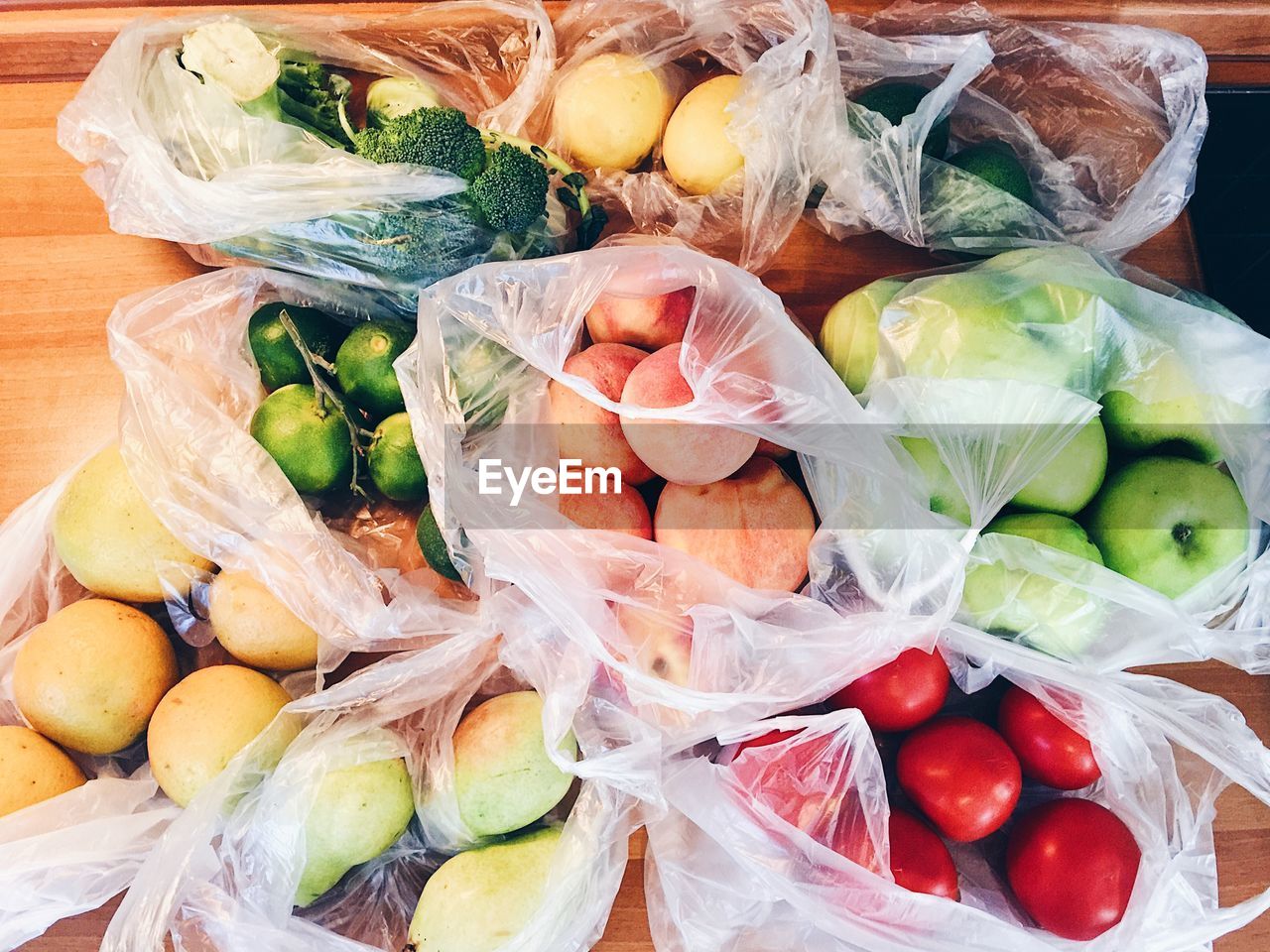 High angle view of vegetables and fruits on table