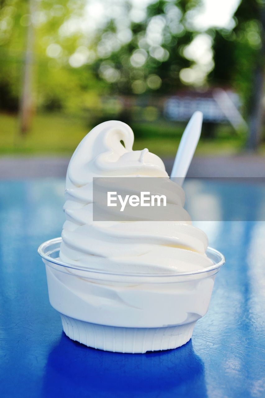 CLOSE-UP OF WHITE ICE CREAM IN BOWL