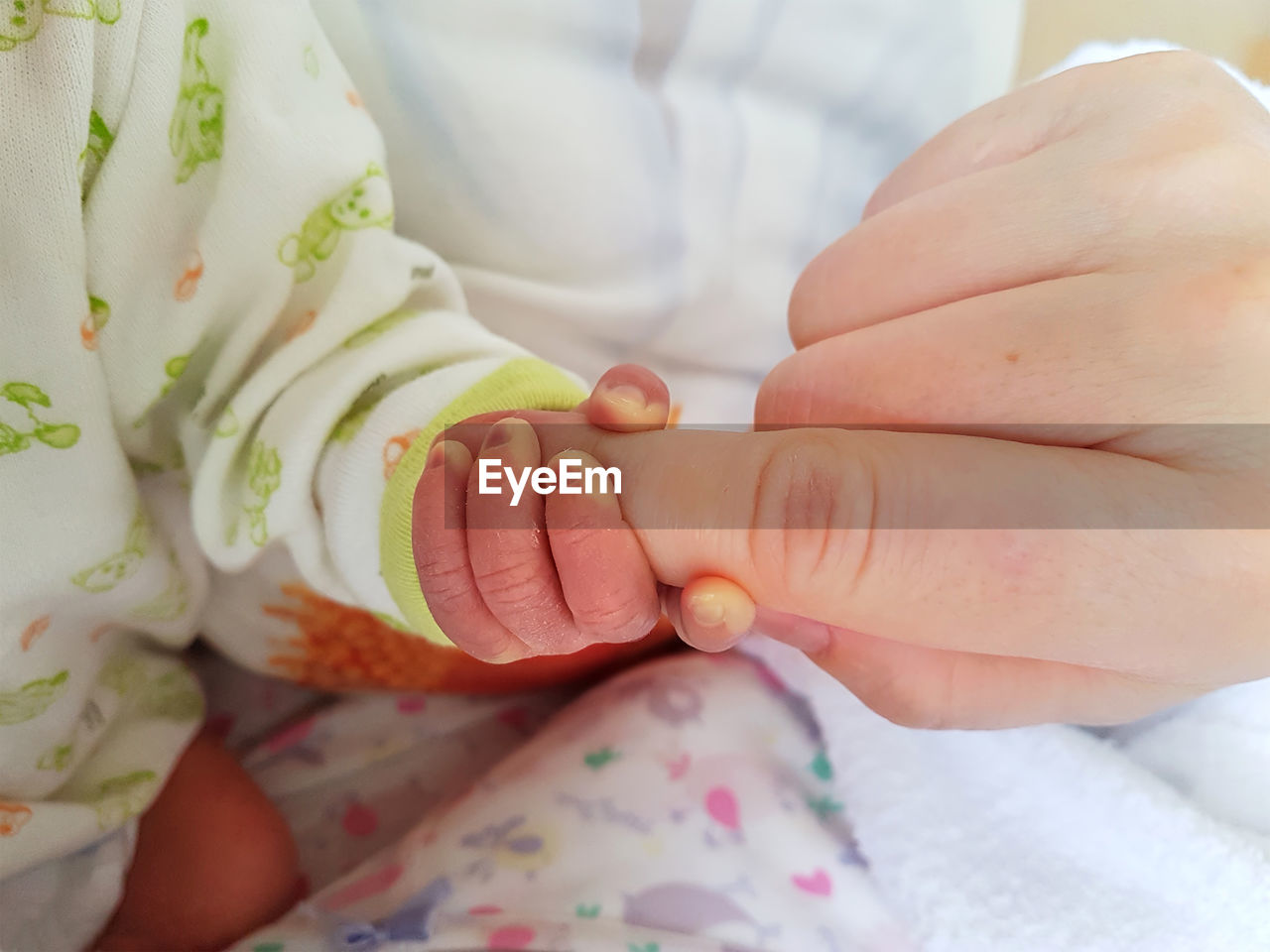 Close-up of baby holding parent finger