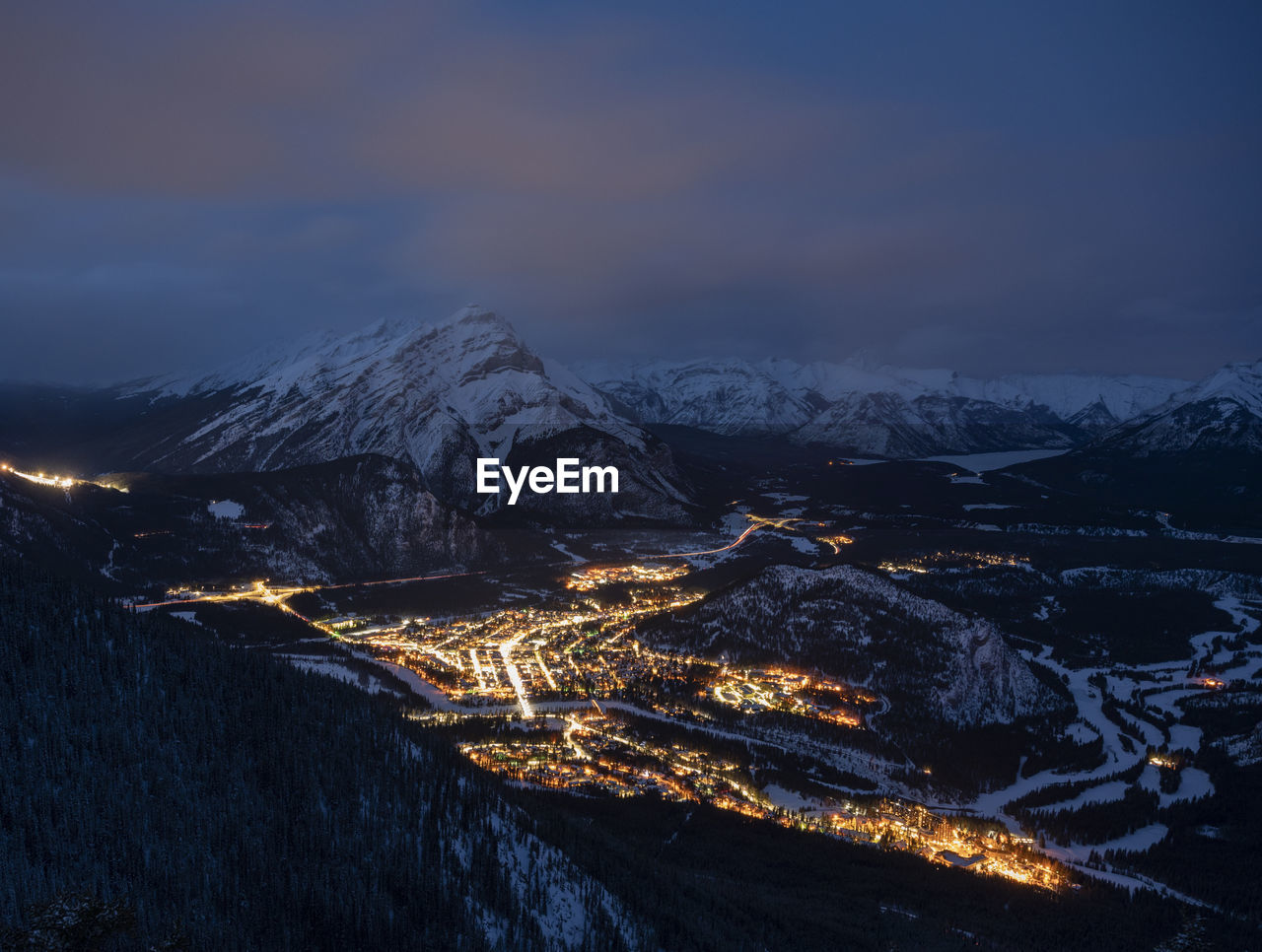Banff sunset and town lights from sulphur mtn