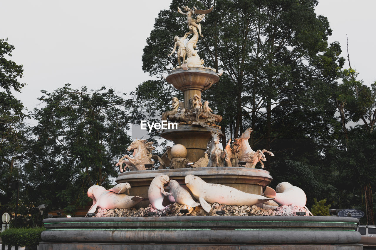 LOW ANGLE VIEW OF STATUE AGAINST TREES AND PLANTS