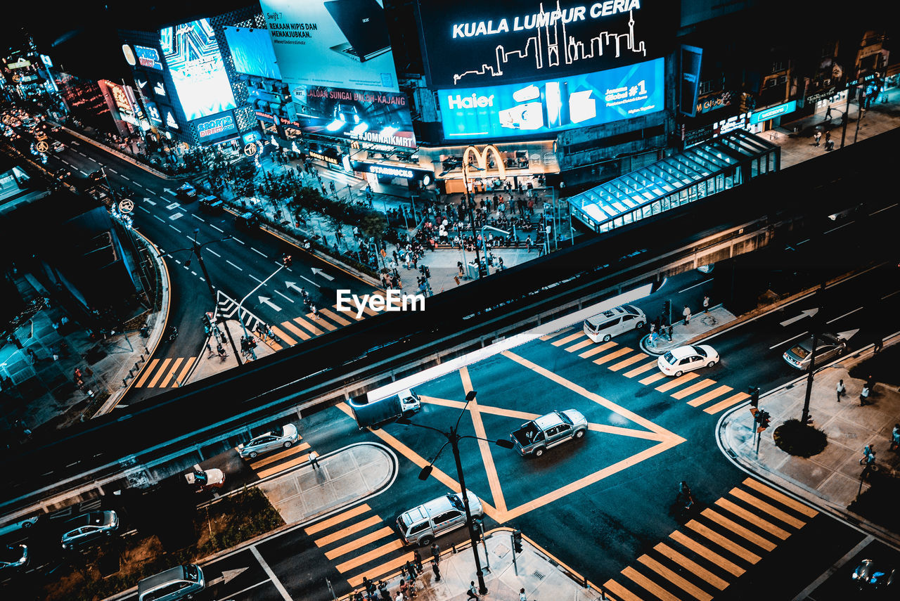 High angle view of illuminated city at night