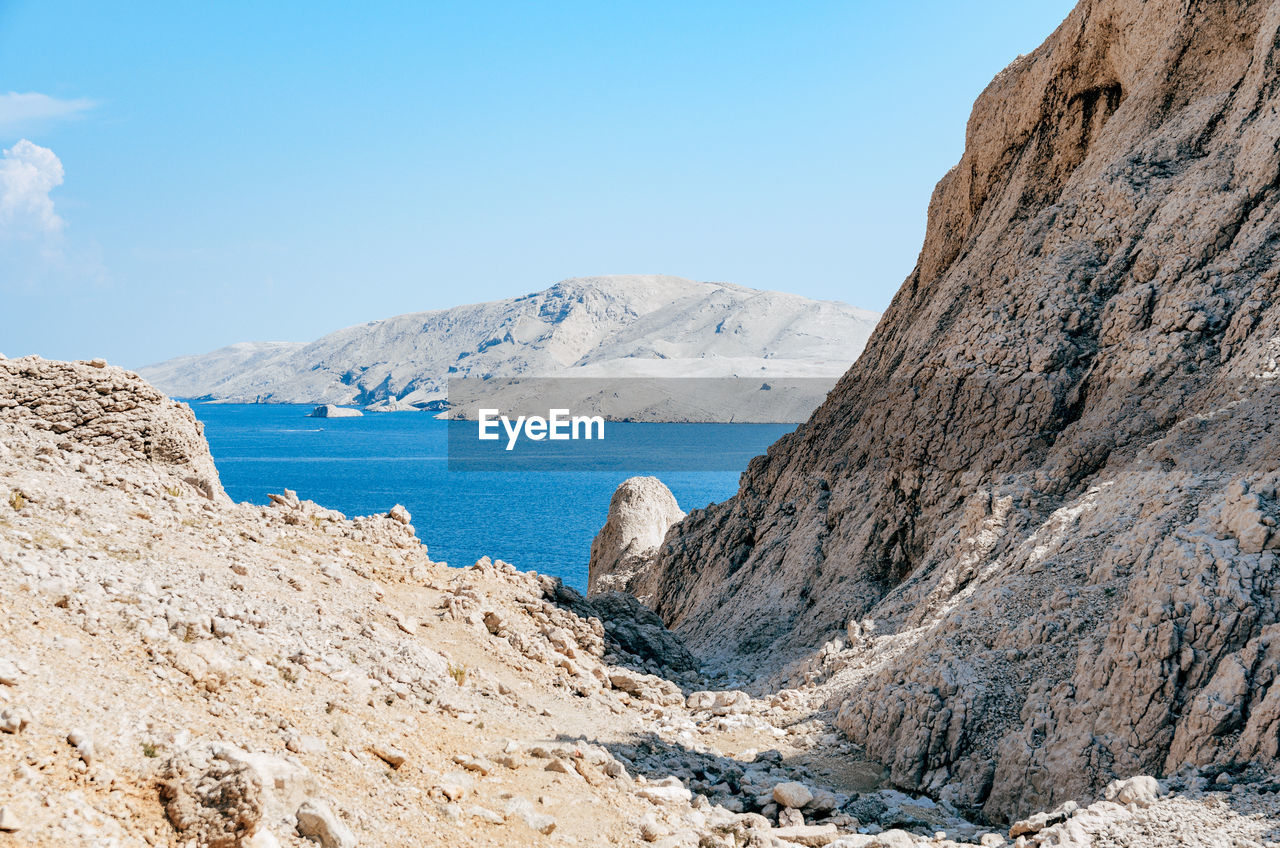 Spectacular view of bay surrounded by rocky coastline on pag island in croatia.