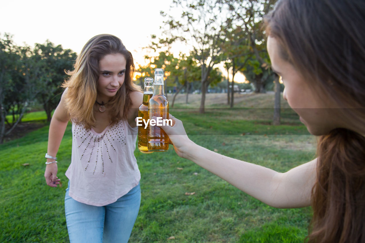 Friends toasting beer bottles at park