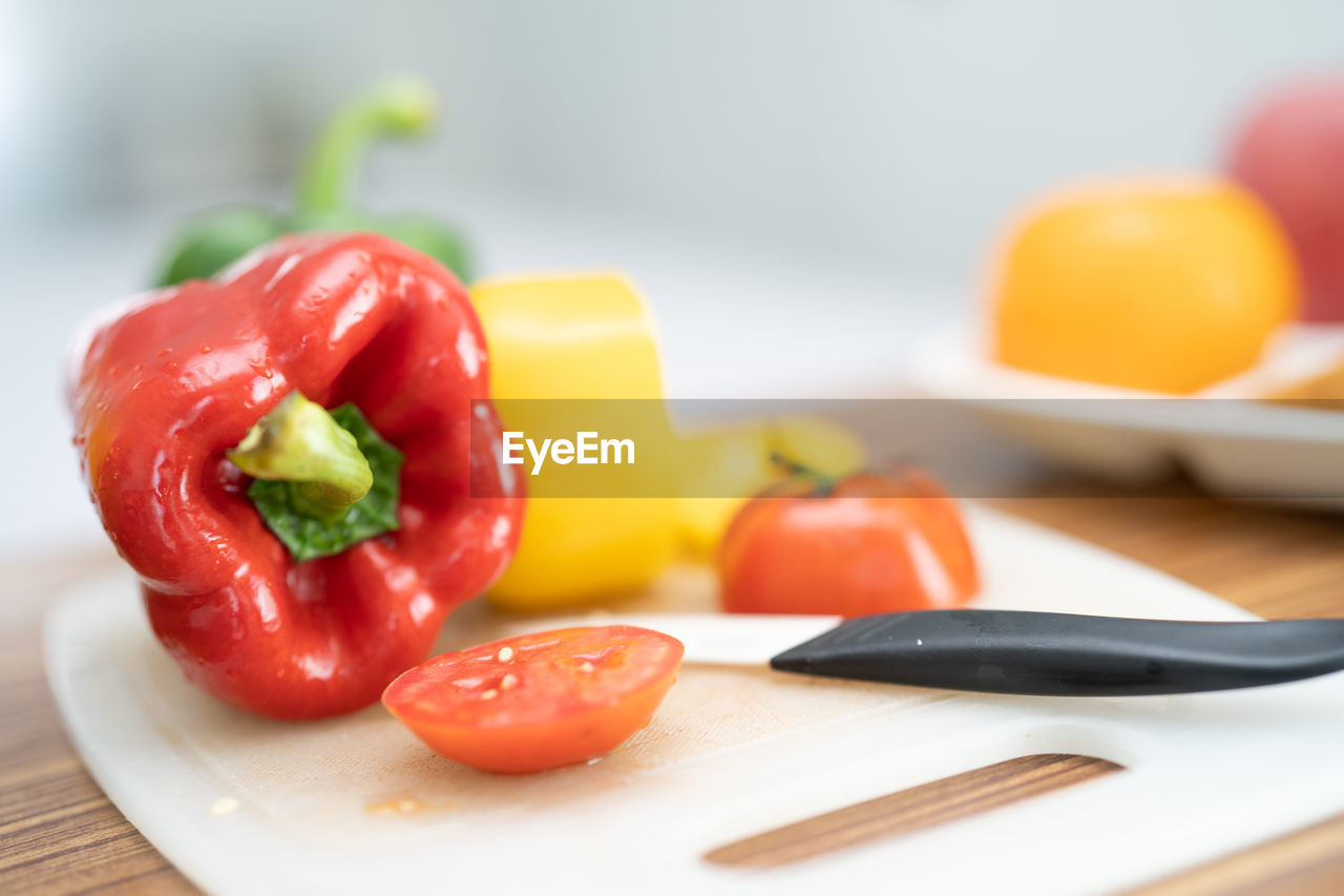 high angle view of bell peppers on table