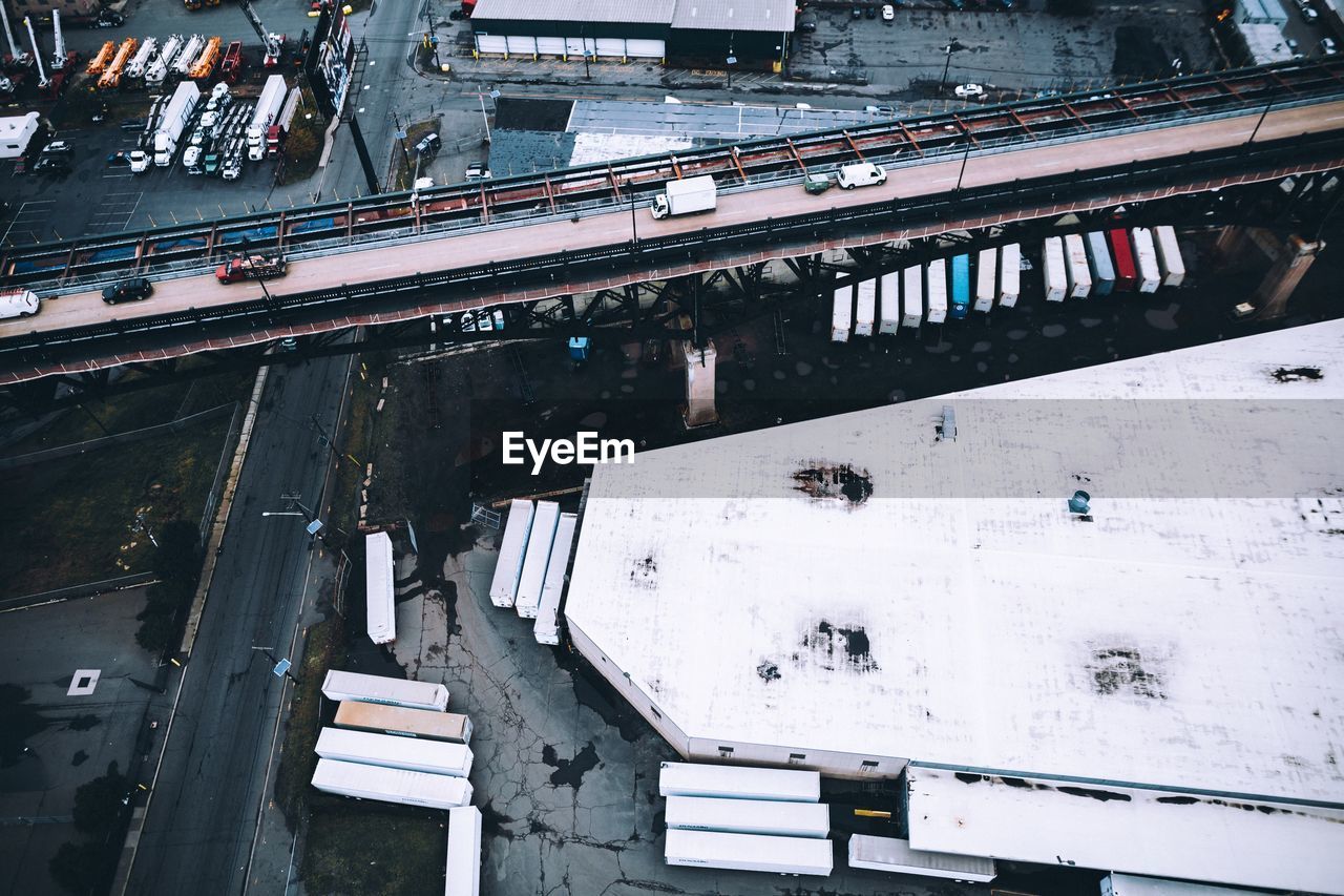 High angle view of elevated road over street in city