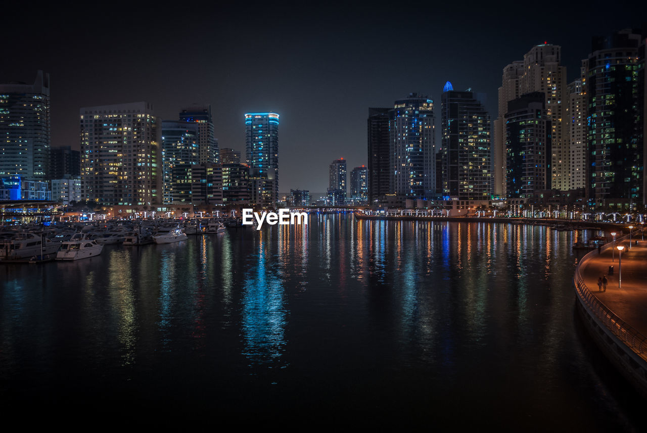 View of city lit up at night