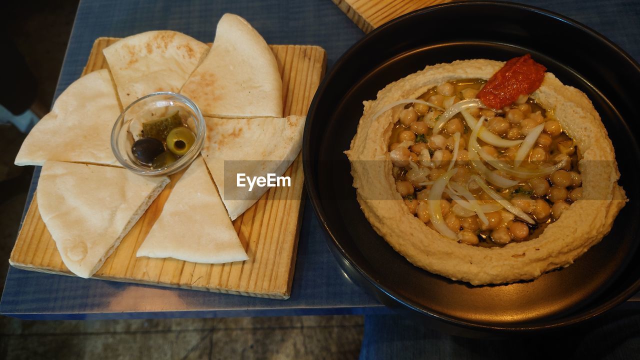 High angle view of food in plate on table