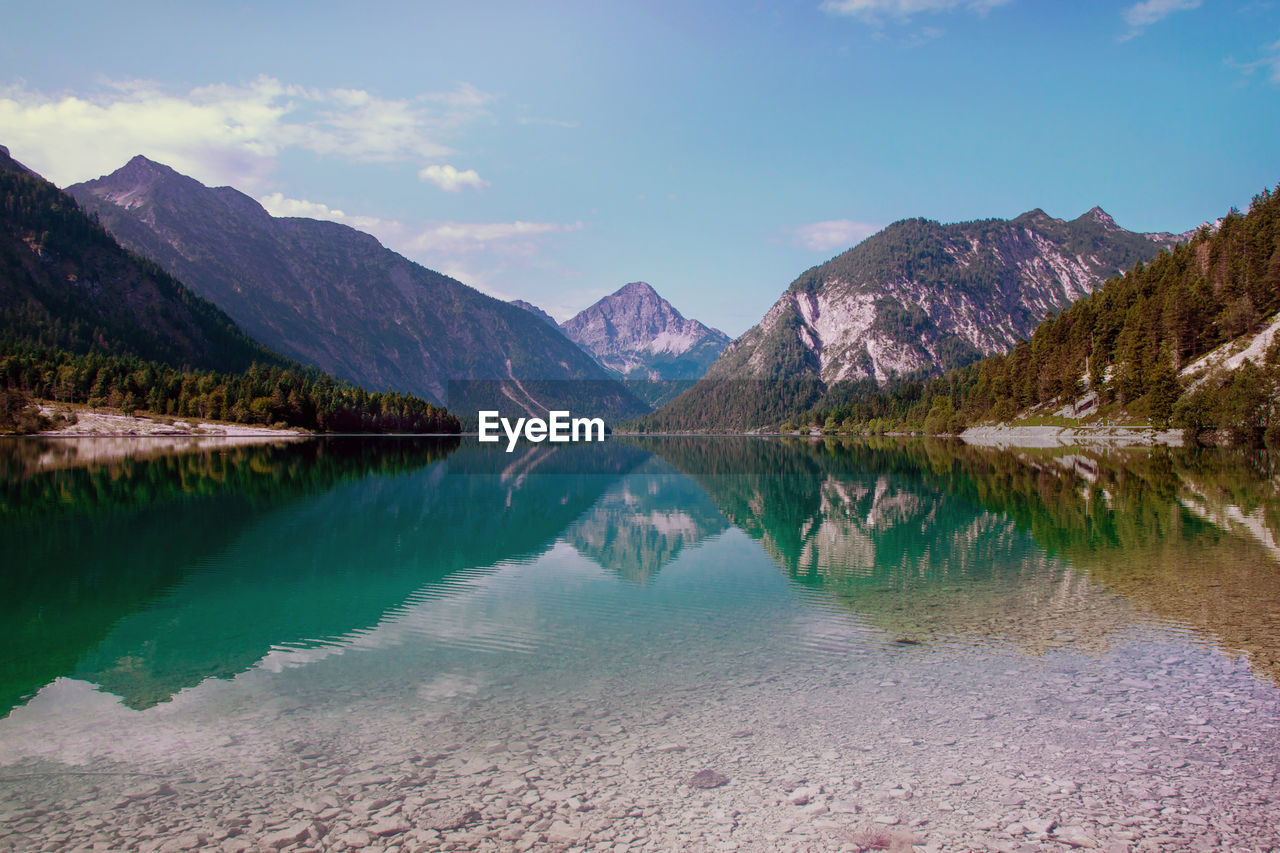Scenic view of lake and mountains against sky