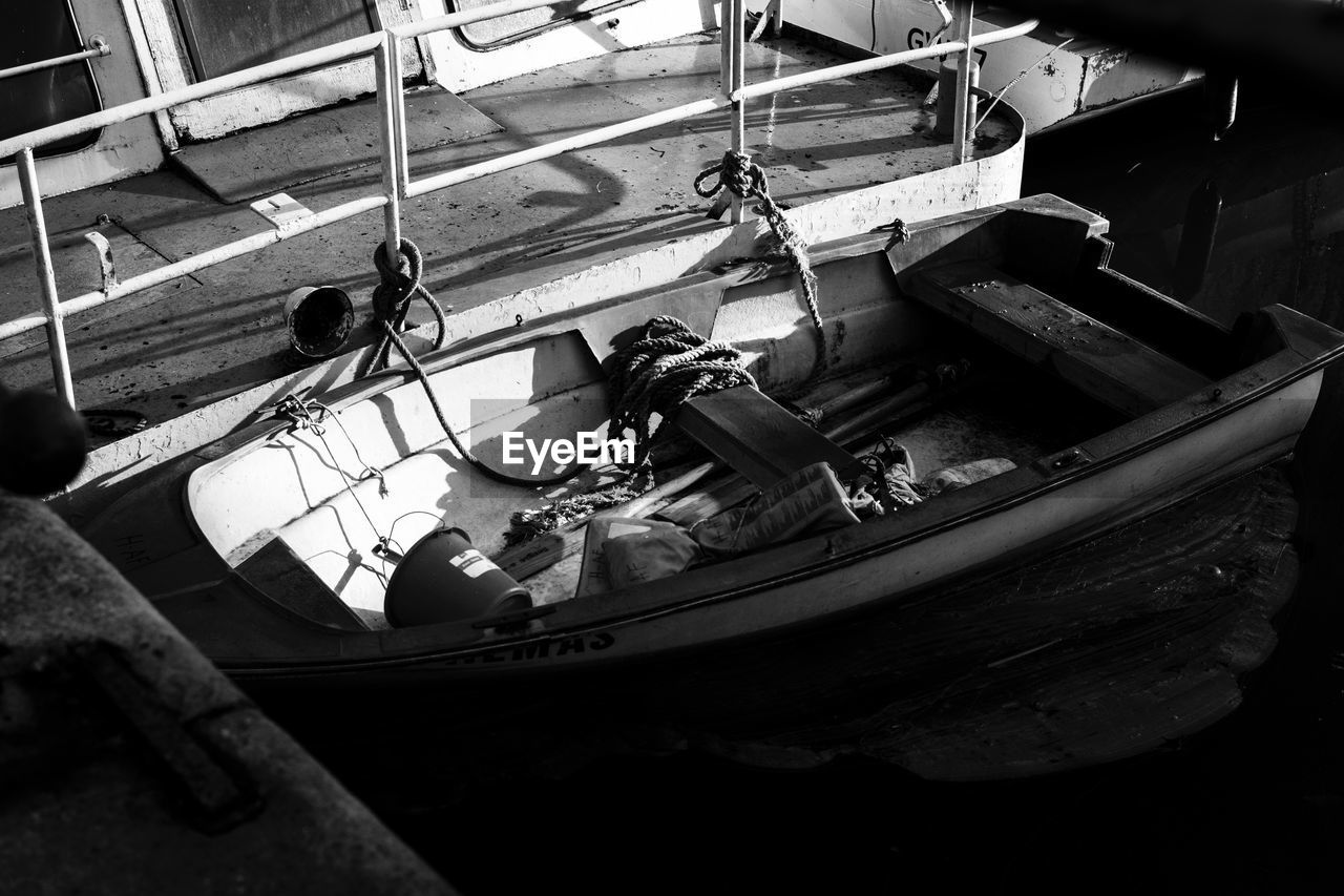 High angle view of fishing boats moored in sea