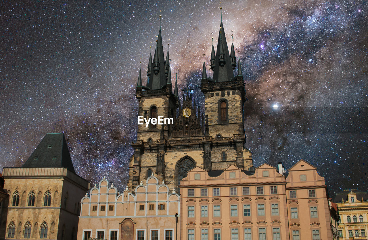 The church of our lady before tyn with starry sky in the background. the old town square prague 