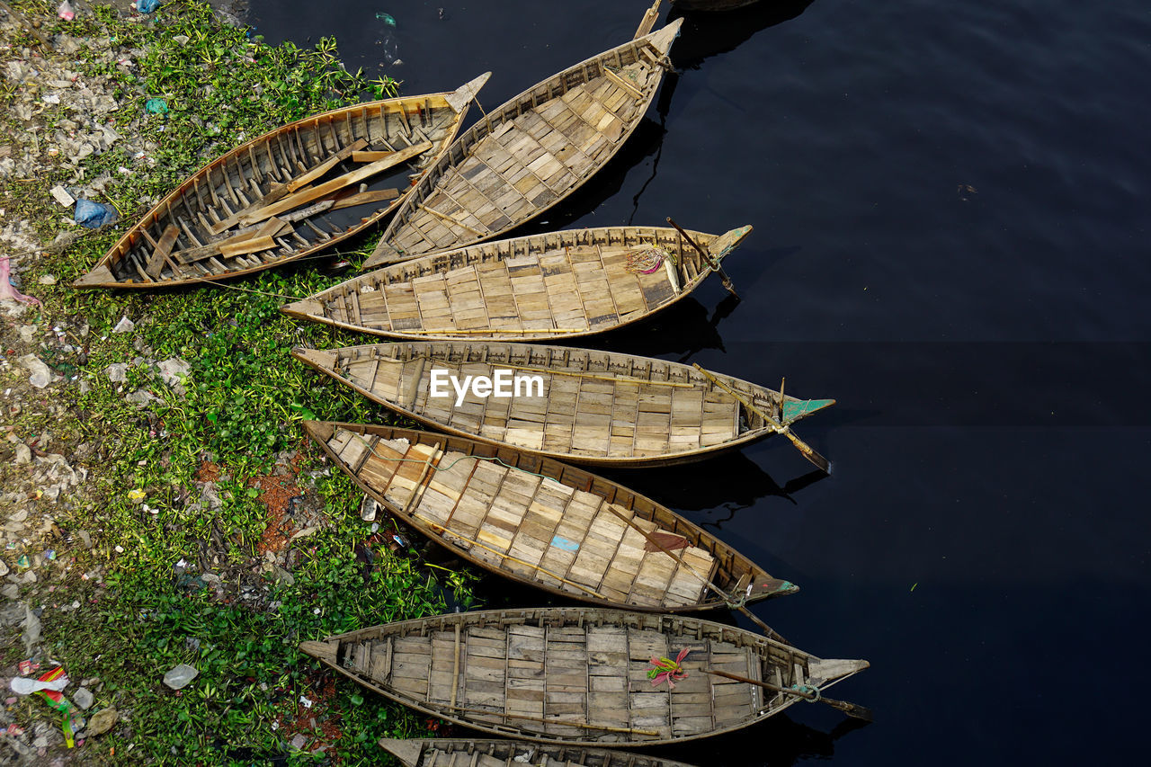 High angle view of moored traditional boats