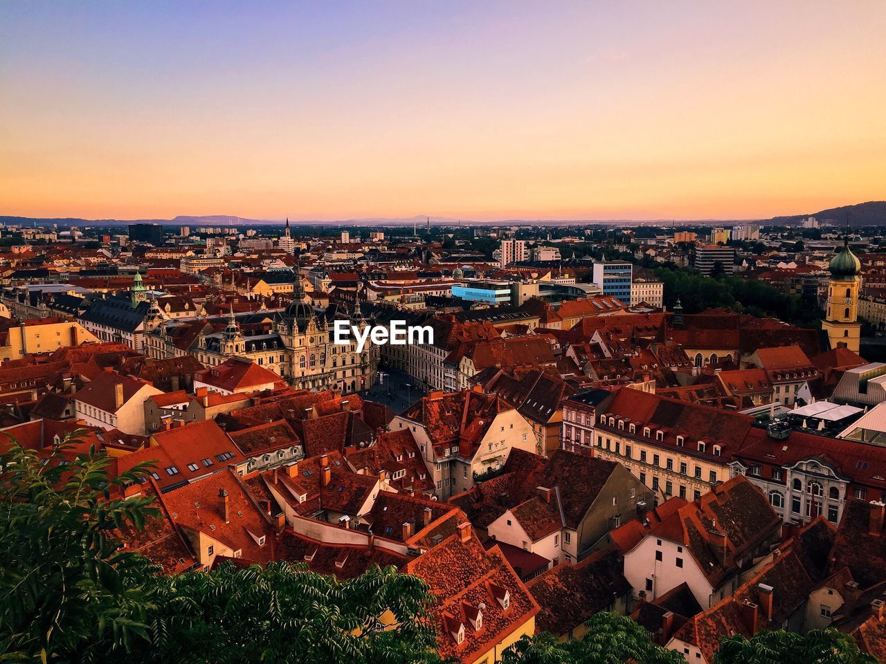 High angle shot of townscape against clear sky