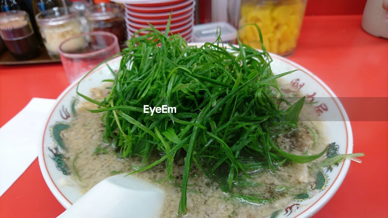 Close-up of ramen noodles soup served in plate