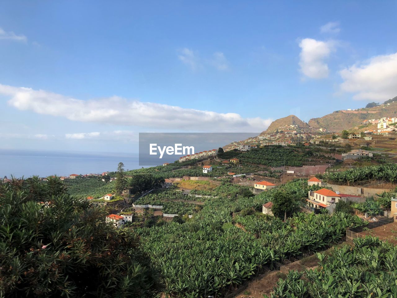 Scenic view of townscape by sea against sky