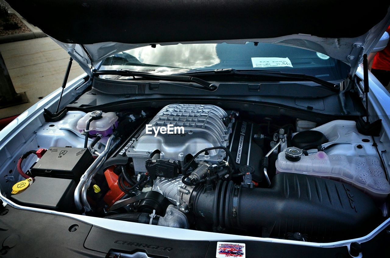 Close-up of open car engine