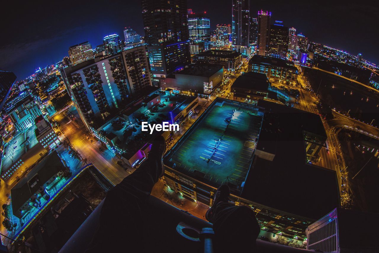 High angle view of illuminated city at night