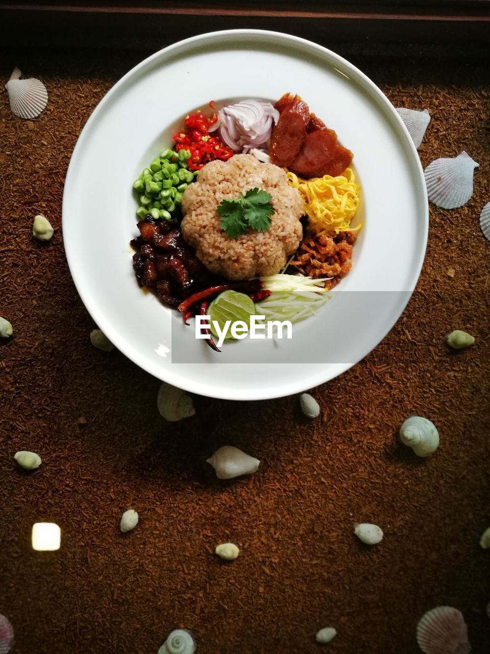 HIGH ANGLE VIEW OF FOOD SERVED IN PLATE