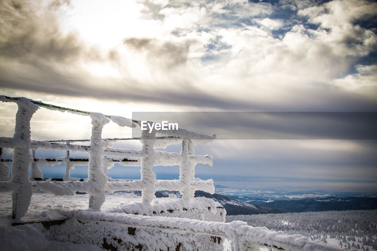 Built structure on snow covered land against sky