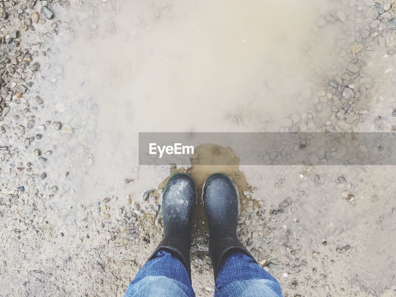 Low section of person standing on puddle