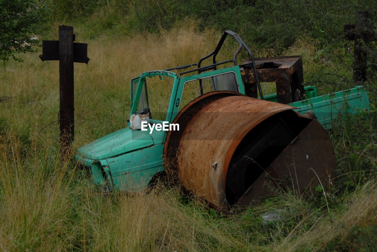 Rusty abandoned truck amidst grass