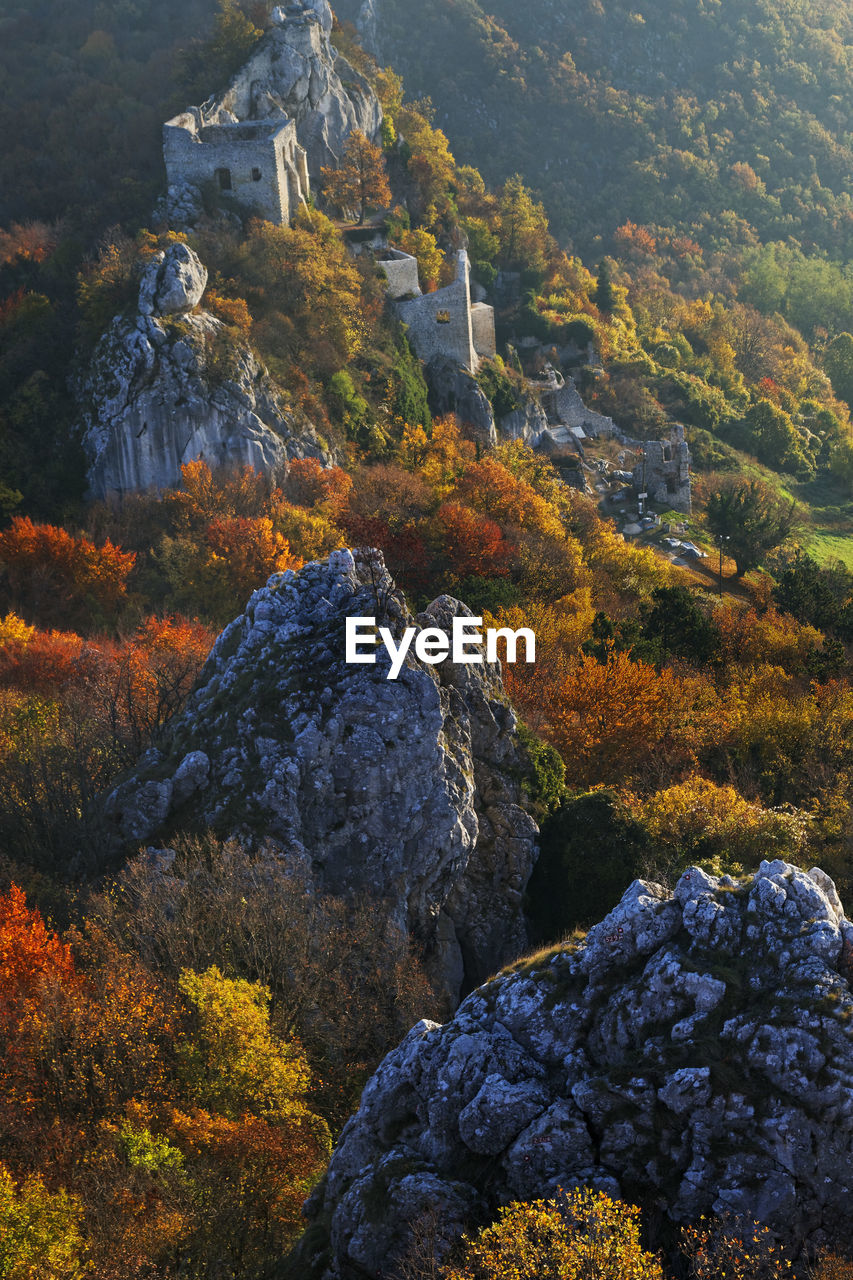 High angle view of trees and rocks during autumn, with a ruins of a fort on background