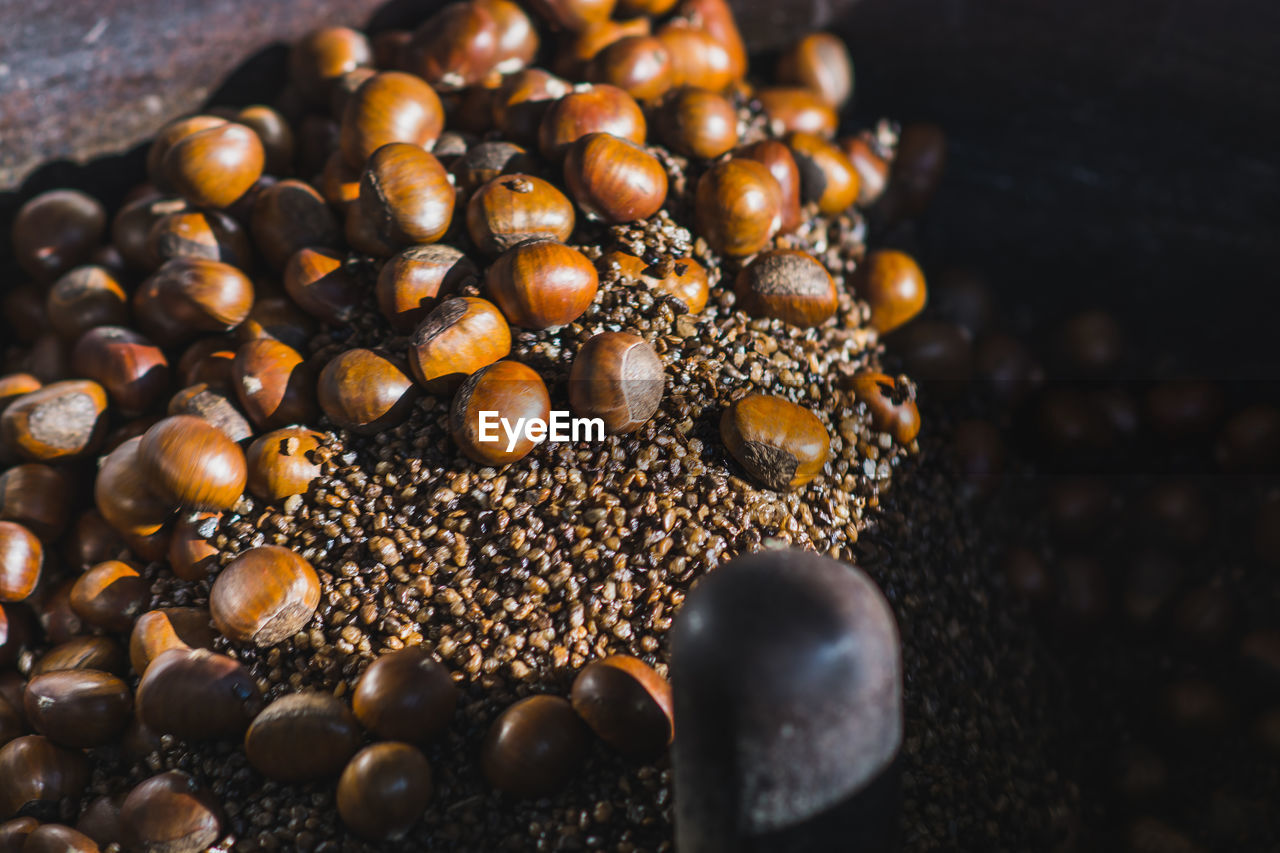 High angle view of roasted chestnuts