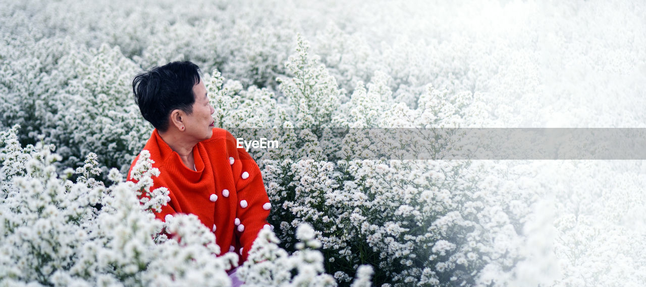 Asian senior elderly woman smiling celebrating christmas holiday season in white flower red sweater