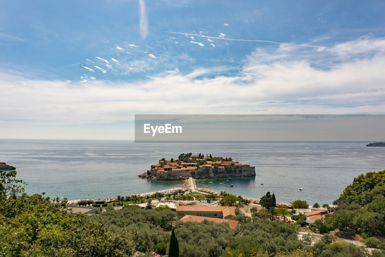 High angle view of sveti stefan against sky