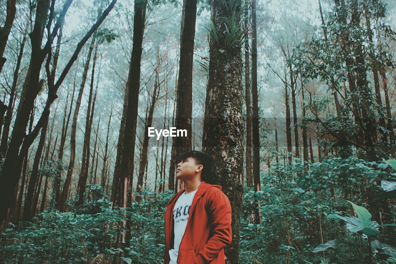 FULL LENGTH OF TEENAGE BOY STANDING ON TREE TRUNK