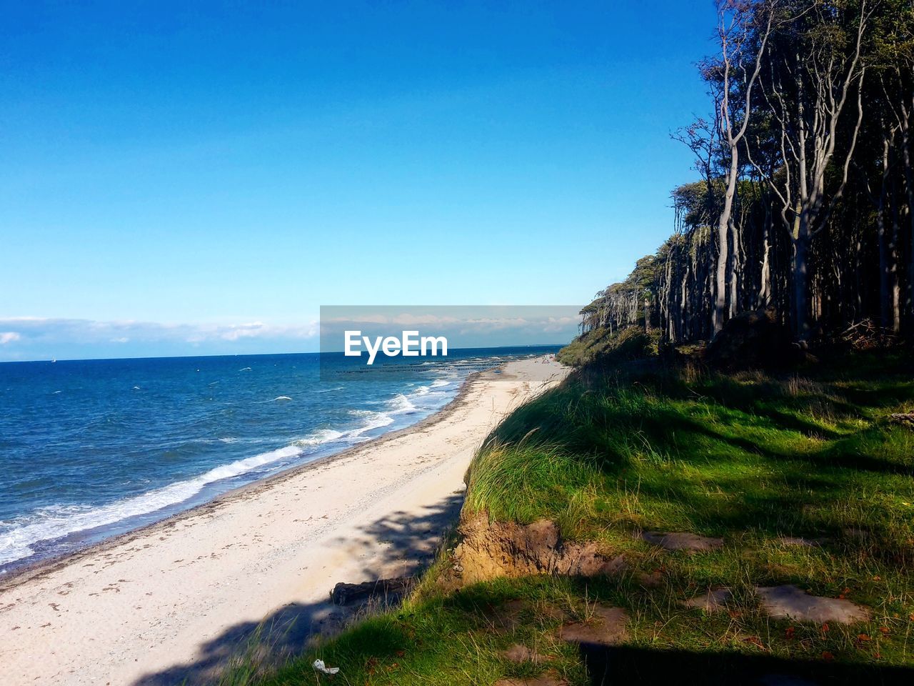 Scenic view of beach against clear blue sky