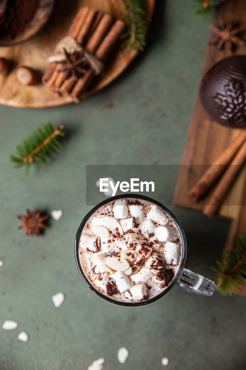 Hot chocolate with marshmallow and cocoa bomb. winter composition with fir branches and spices.