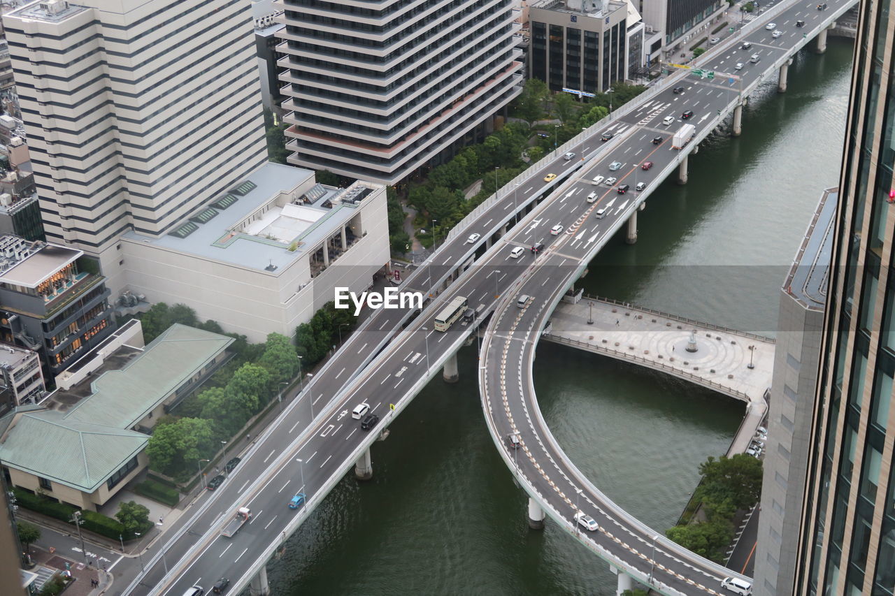 High angle view of street amidst buildings in city