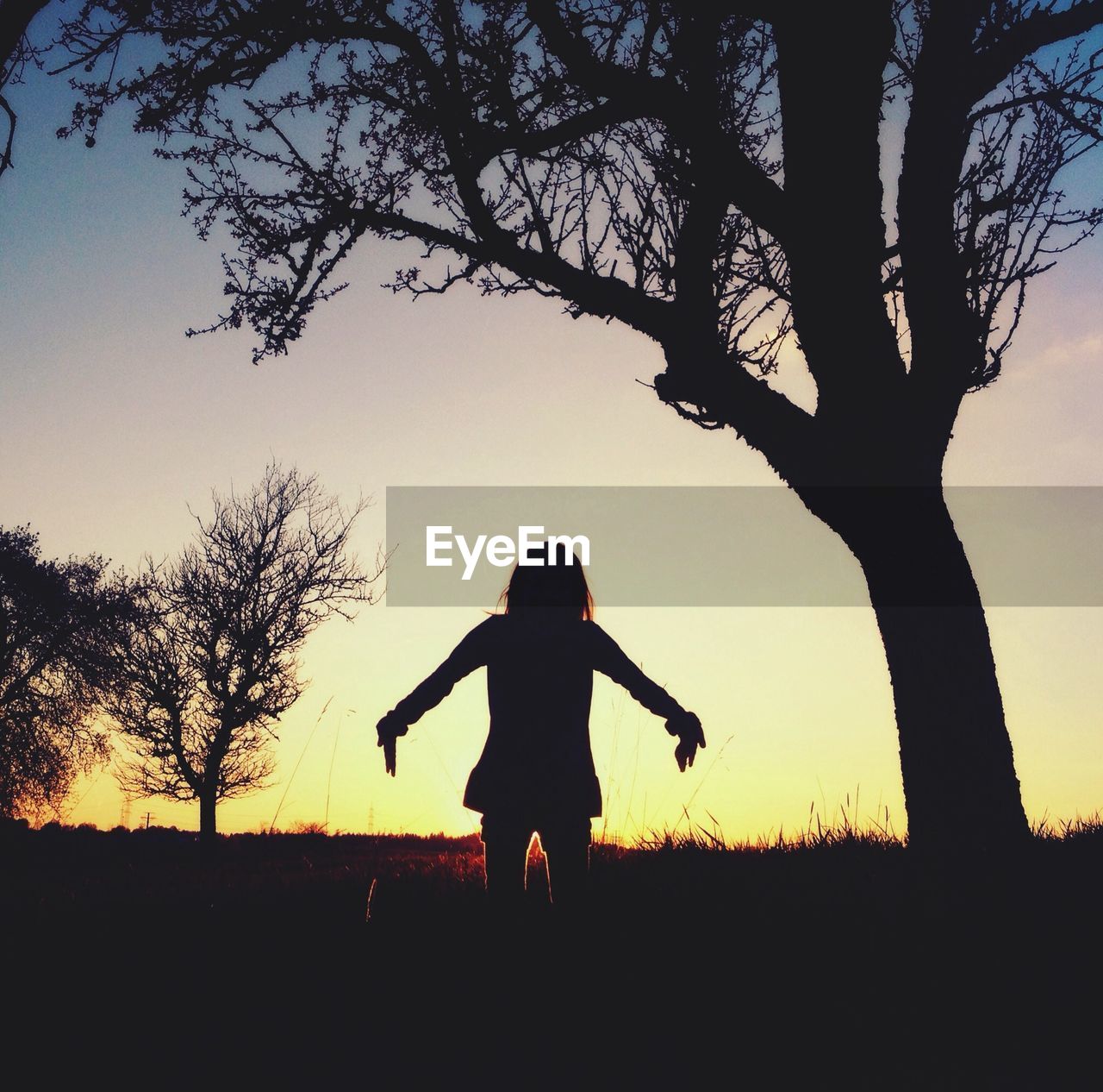 Silhouette girl with arms outstretched standing by tree