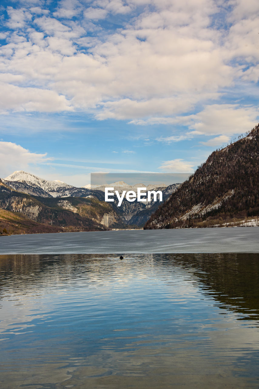 Scenic view of lake by mountains against sky