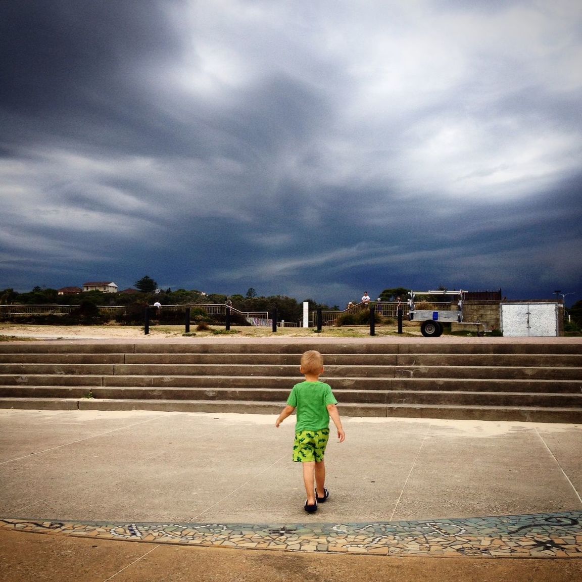 Rear view of boy walking in park against cloudy sky