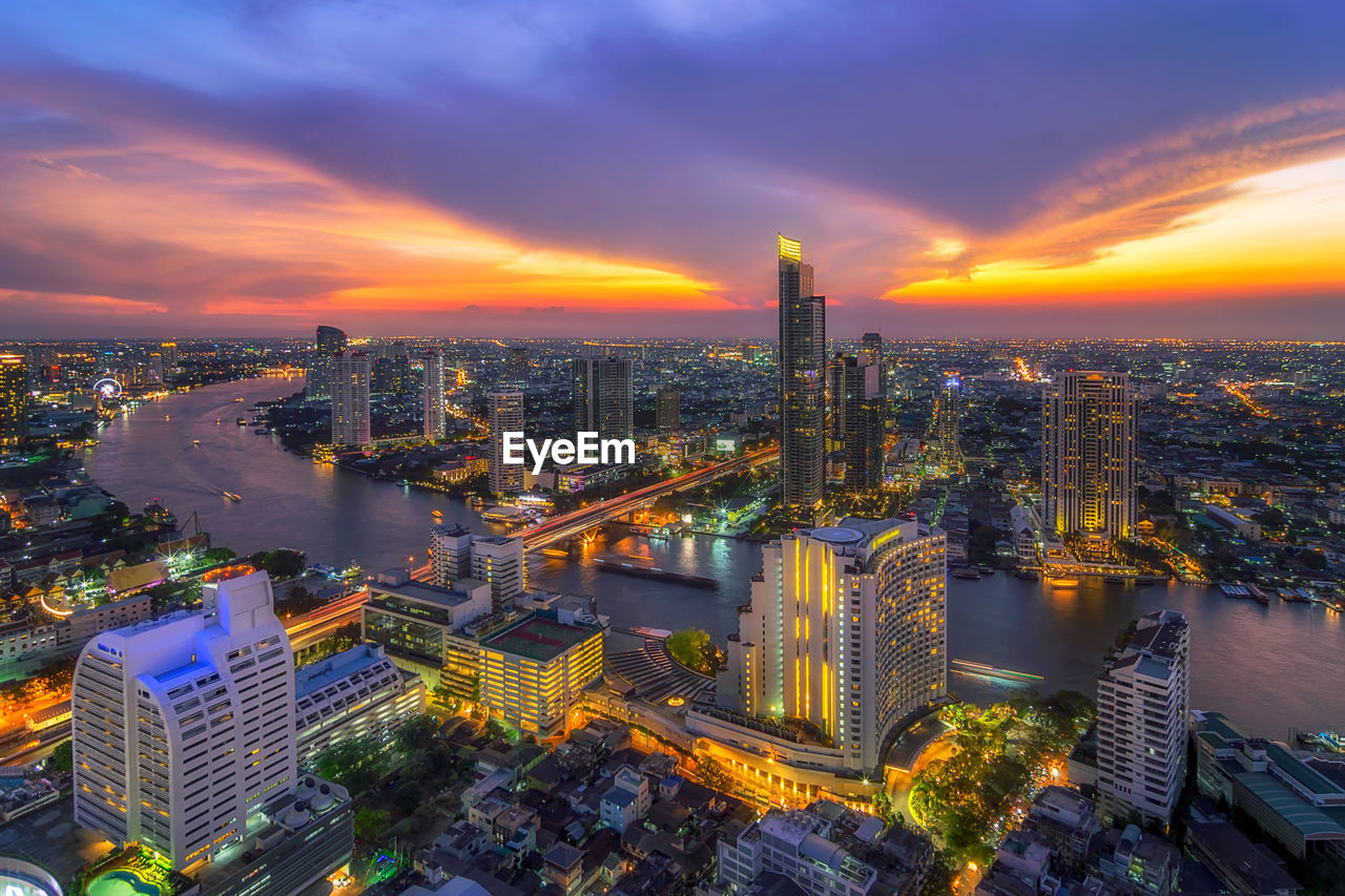 Beautiful aerial view bangkok cityscape, king taksin maharaj bridge.