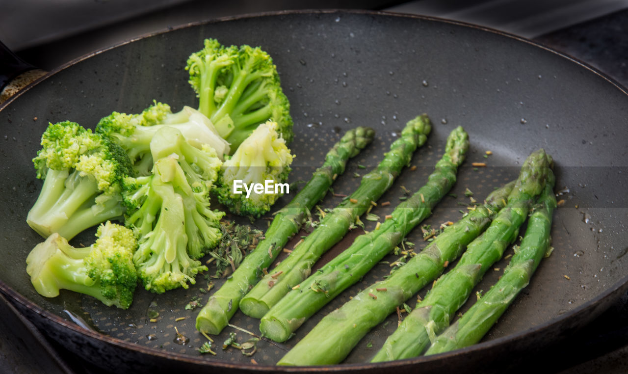 High angle view of vegetables in skillet