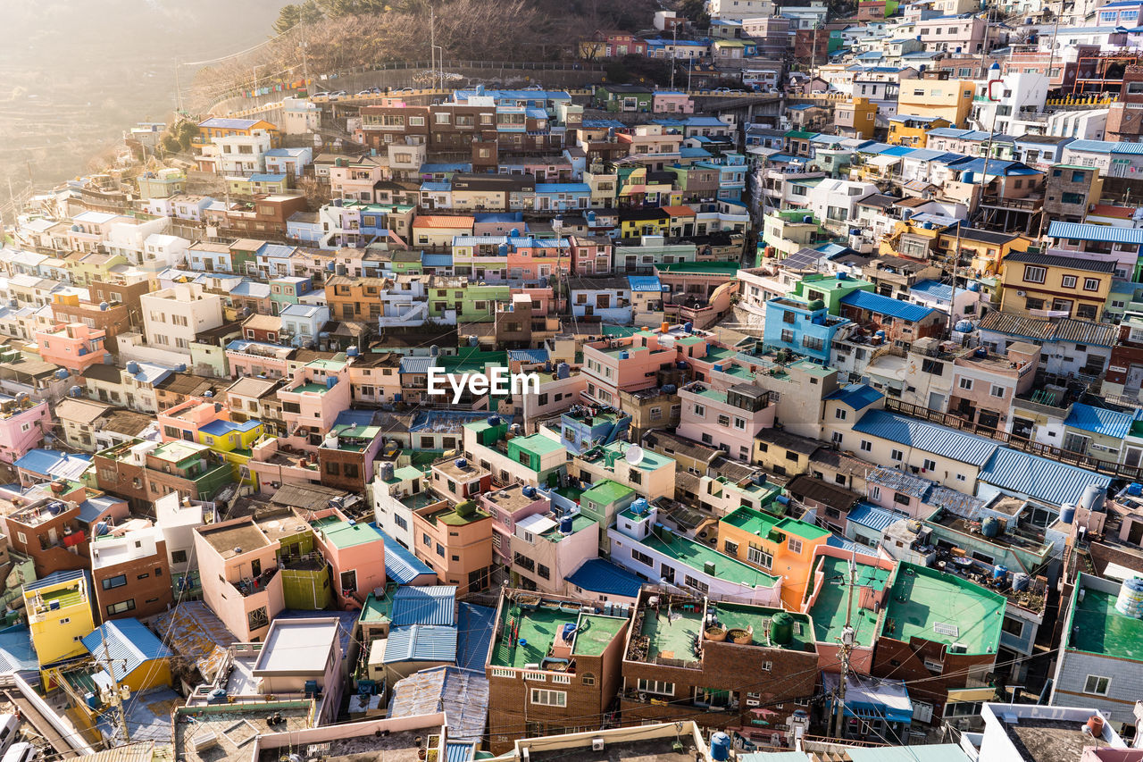 High angle view of buildings in city