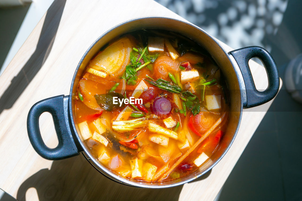 close-up of soup in bowl on table